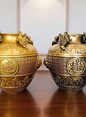 黄铜聚宝盆摆件 铜金蟾罐仿古金蟾风水罐四方纳财风水家居装饰品