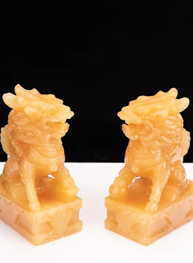 天然玉石黄玉麒麟手工雕刻家居装饰玄关客厅窗台摆件中式
