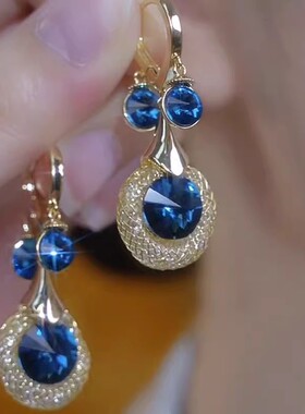 金丝蓝水晶耳环女2024新款爆款轻奢高级感时尚耳饰小众设计感耳扣