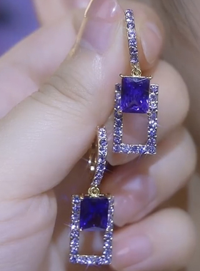 气质高级感满钻紫色水晶几何方块超闪耳环气质耳扣耳坠设计感耳饰