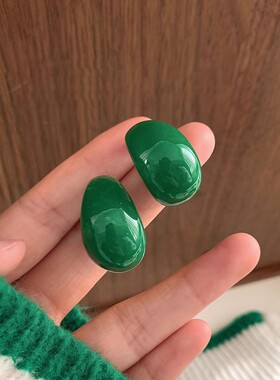 复古祖母绿色树脂耳环U形法耳钉