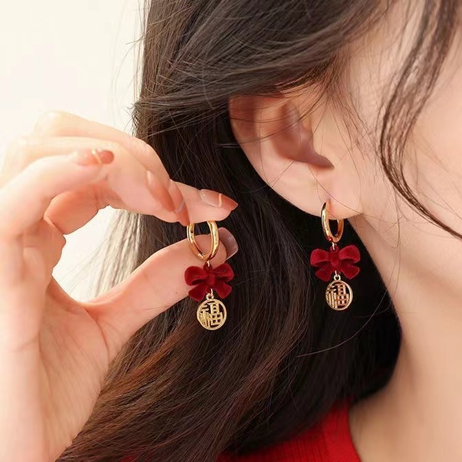 红色丝绒蝴蝶结耳环秋冬耳饰福字
