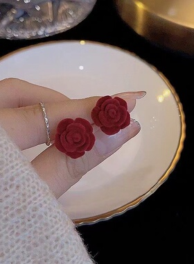 s925银针丝绒花朵耳环耳饰