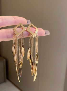 s925银针流苏耳环新款轻奢小众设计感高级长款夸张耳坠菱形耳饰