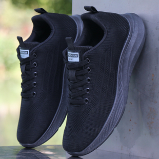鞋子男新款透气春秋款男士运动休闲鞋防滑防臭黑色软底上班工作鞋