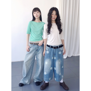 3months纯欲风五分袖花边T恤女夏季修身短款高腰显瘦微透打底上衣