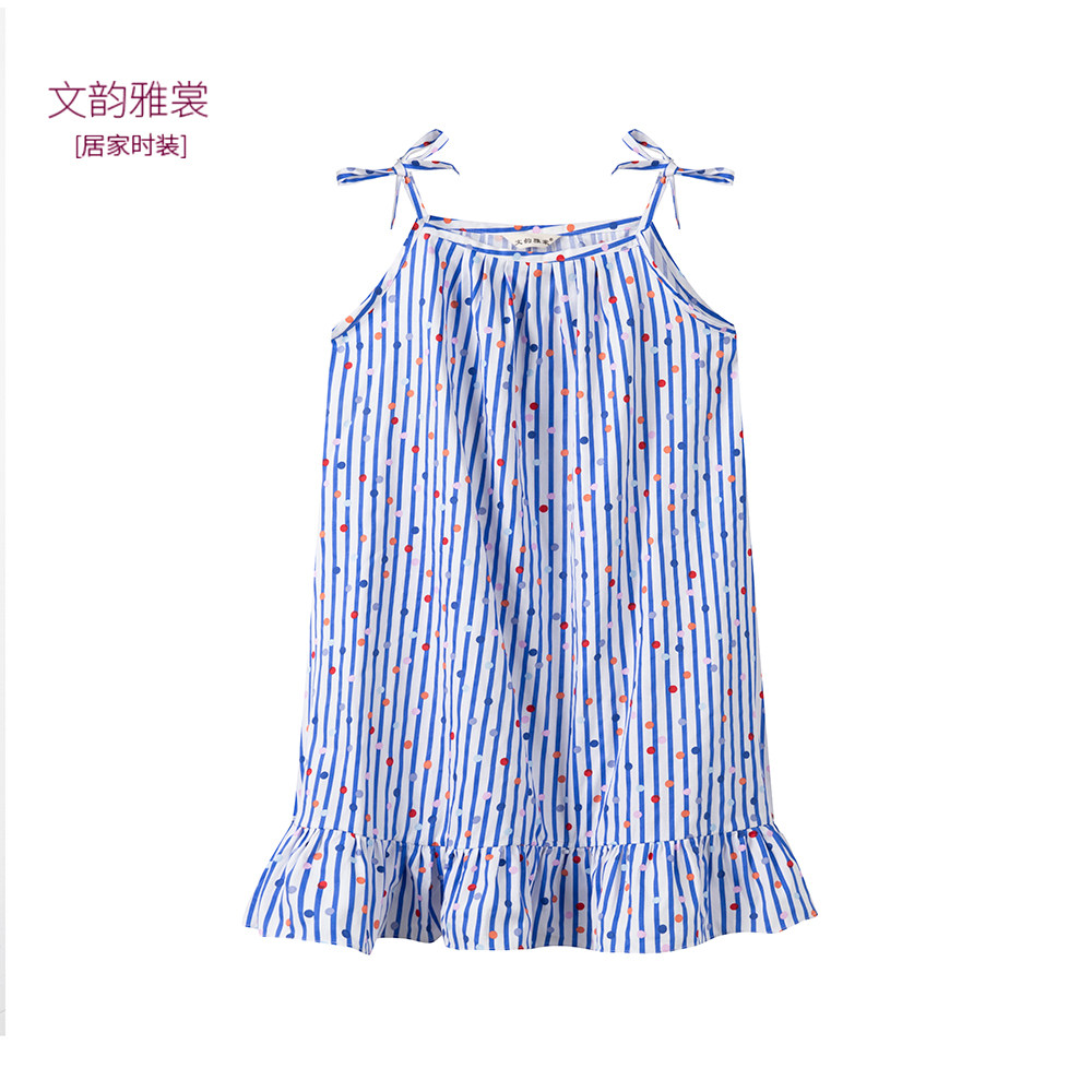 文韵雅裳睡裙女纯棉睡衣家居服春夏款吊带裙蓝色条纹点点
