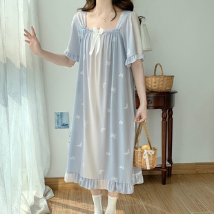 新款超大码300斤冰丝短袖胖MM公主睡裙女夏季甜美网红连衣裙睡衣
