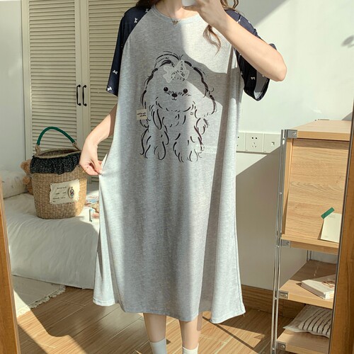 新款特大码冰丝短袖圆领睡裙女夏