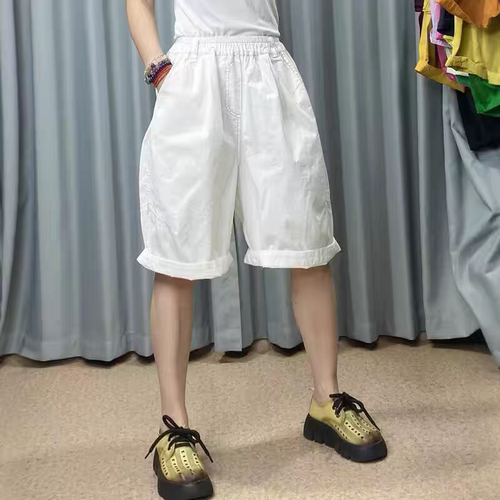 复古松紧高腰阔腿薄五分裤短裤