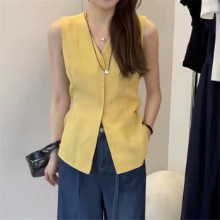 新款 氣質(zhì)簡約V領(lǐng)無袖 襯衫 女夏季 寬松休閑減齡后背鏤空襯衣上衣潮