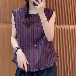 宽松百搭休闲减龄衬衣上衣 甜美木耳边圆领无袖 背心衬衫 女夏季 新款