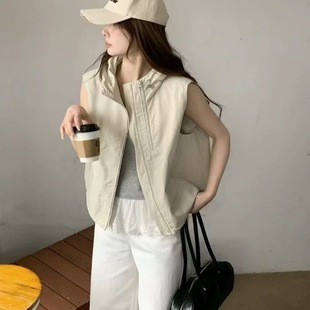 设计感双拉链连帽工装马甲外套女春夏新款宽松百搭休闲马夹坎肩潮