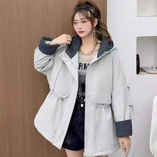 中长款格子拼接连帽夹棉派克服外套女冬季新款宽松休闲棉服上衣潮