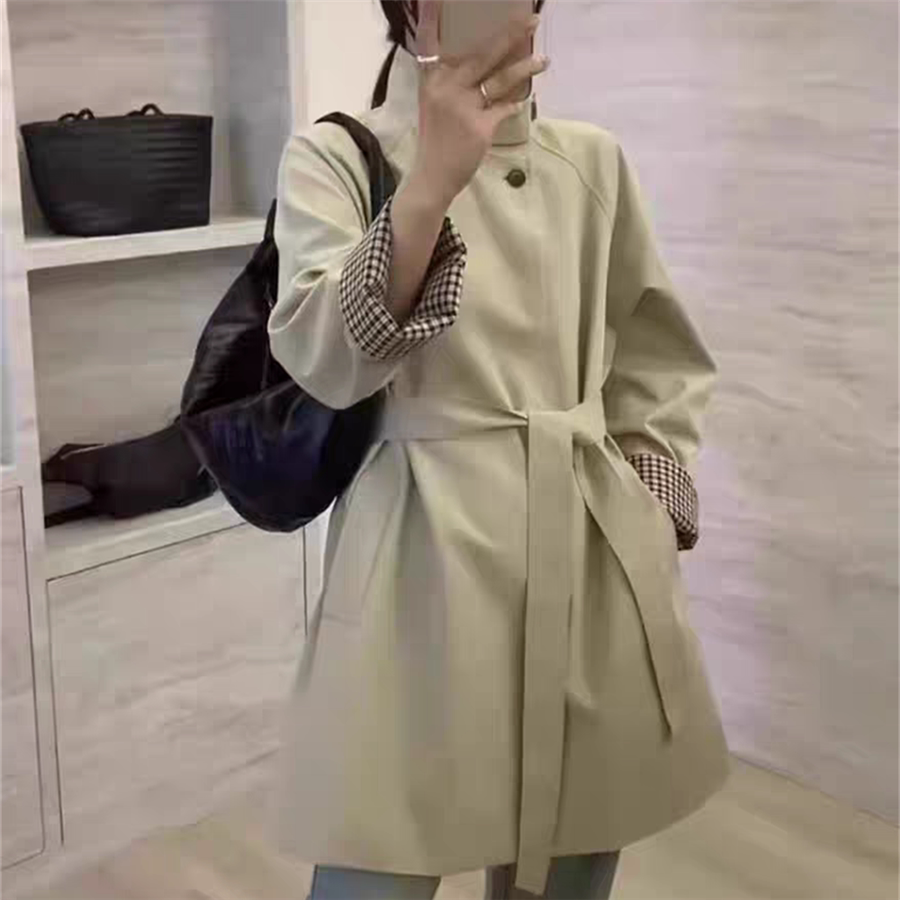 中长款格子拼接系带收腰风衣外套