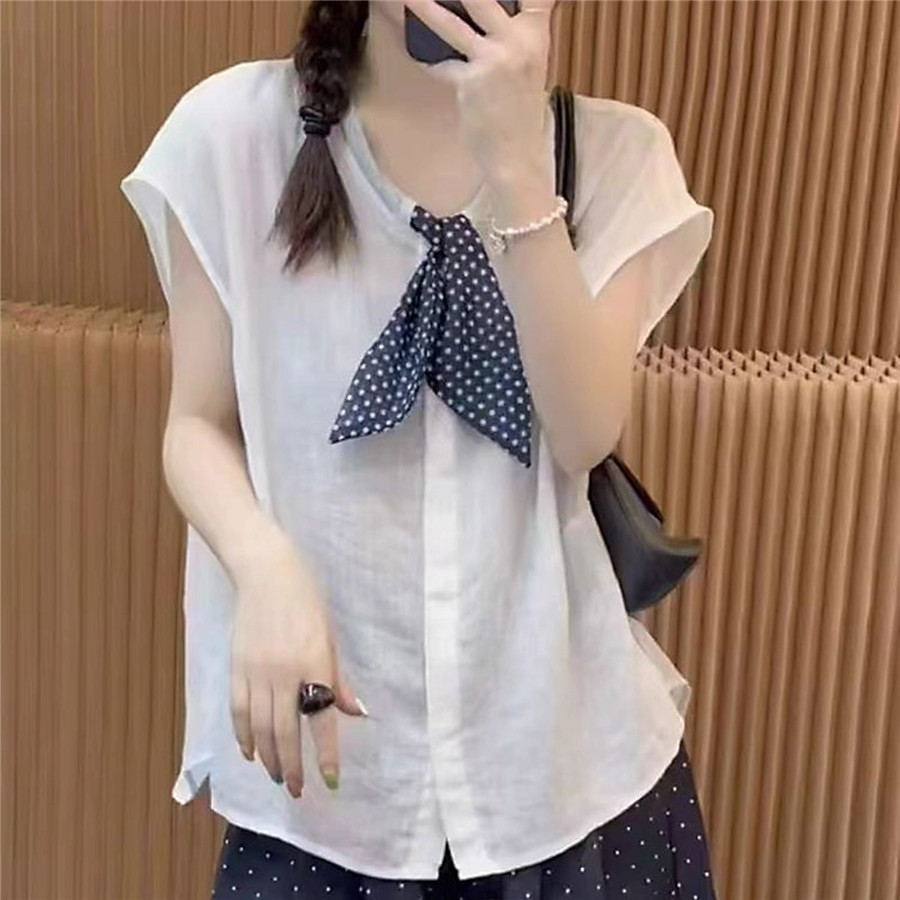 气质简约V领丝巾休闲短袖衬衫潮