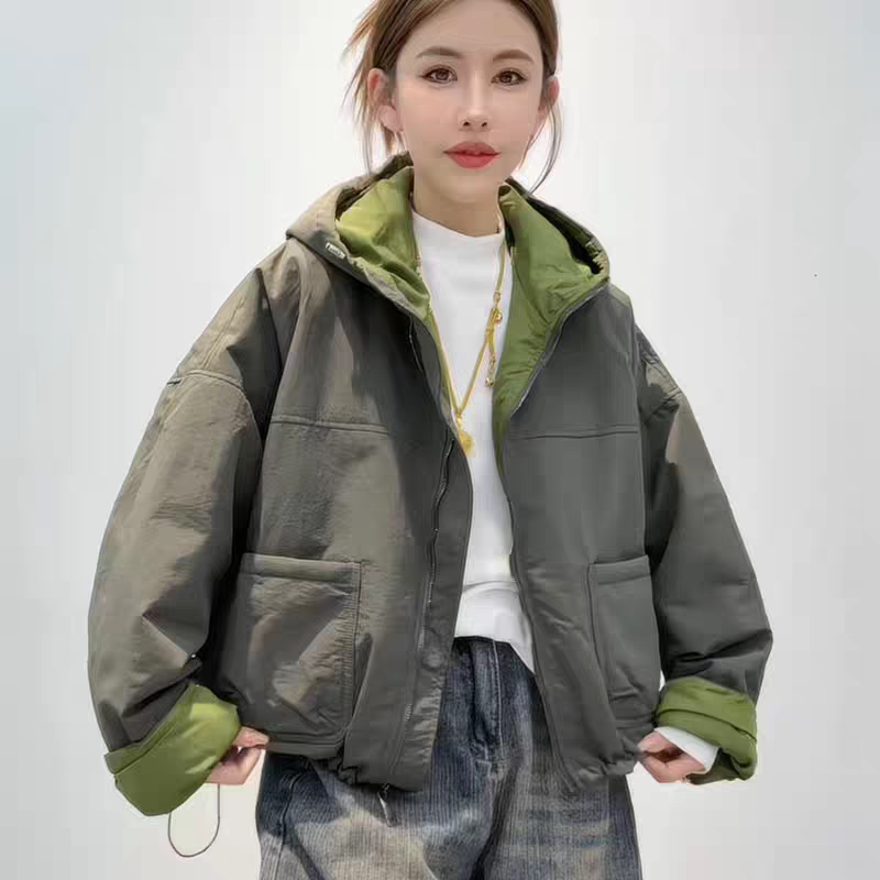 大口袋拼色连帽夹棉外套上衣女秋冬新款宽松百搭休闲保暖夹克棉服