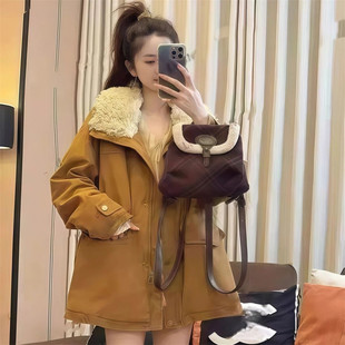 中长款羊羔毛拼接派克棉服女冬季新款宽松加厚保暖收腰棉衣外套潮