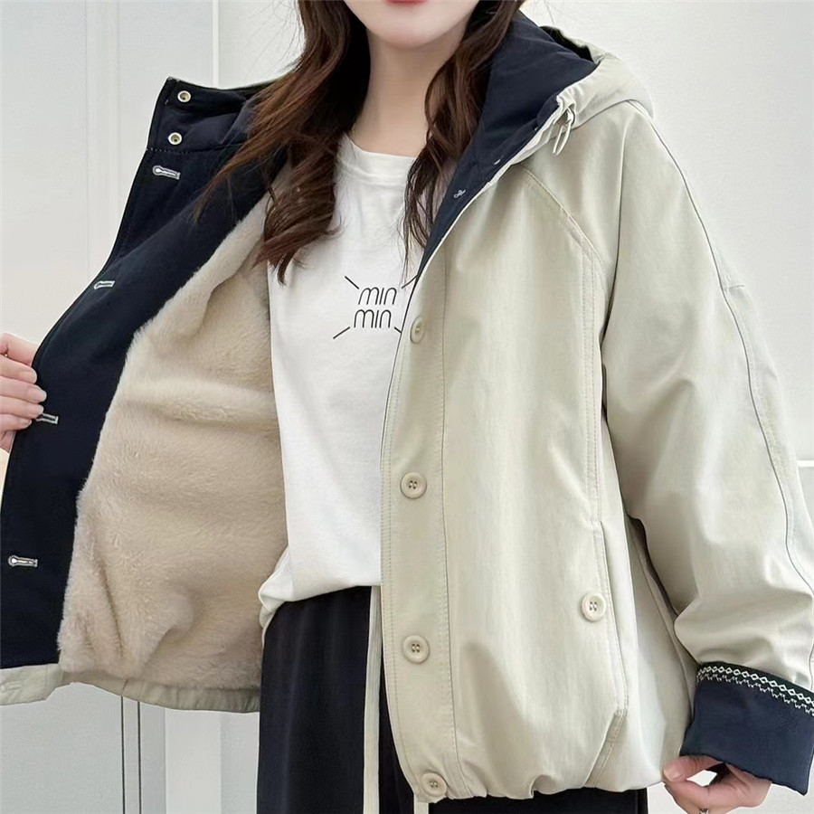 撞色连帽宽松加绒加厚棉衣外套潮