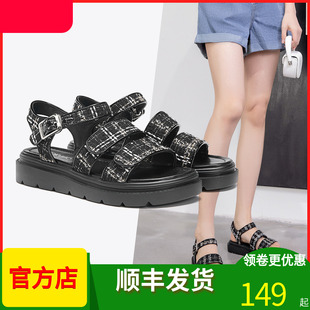 奥康2024夏季新款特价鞋女鞋凉鞋魔术贴松糕跟露趾平跟厚底女鞋