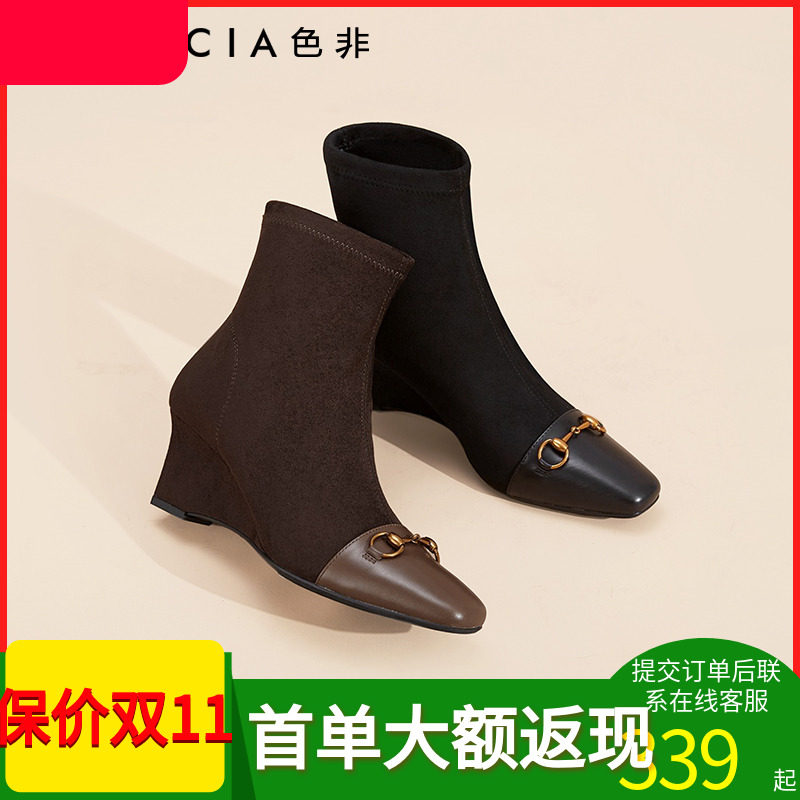 商场同款女靴高跟鞋短靴色非尖头