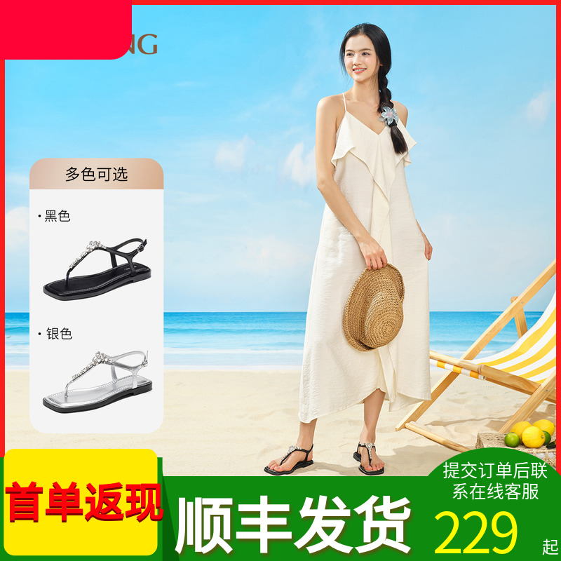 奥康 女鞋2025夏季新款平底凉鞋女款百搭一字带女鞋黑色气质鞋子