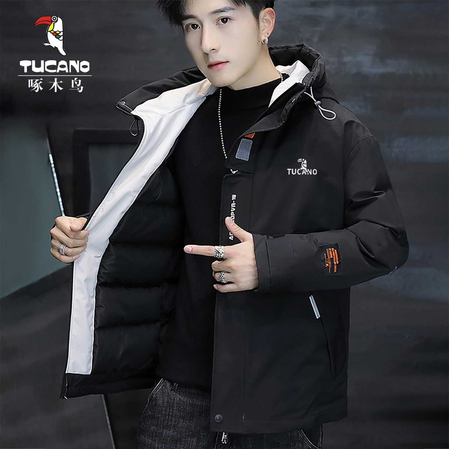 啄木鸟棉衣男士冬季2025新款加厚工装连帽防风保暖袄外套羽绒棉服