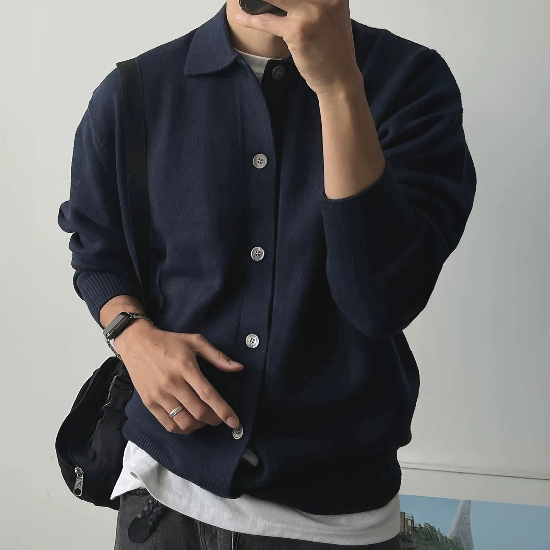 美式复古包芯纱针织开衫男翻领排扣卫衣外套休闲工装夹克羊毛衫潮