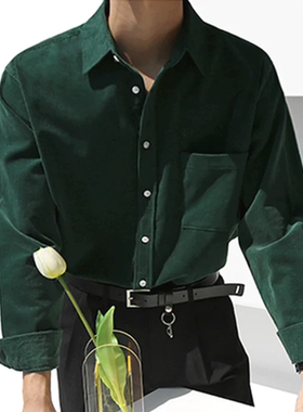 法式灯芯绒衬衫男经典口袋款长袖绿色开衫条绒肌理感休闲工装衬衣