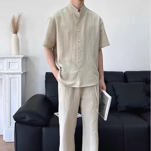 套裝 男薄款 透氣開衫 法式 長褲 襯衫 亞麻休閑工裝 一套潮 立領棉麻短袖