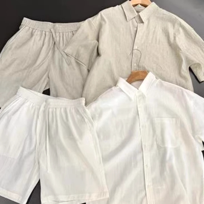 套装短袖衬衫亚麻五分短裤两件套
