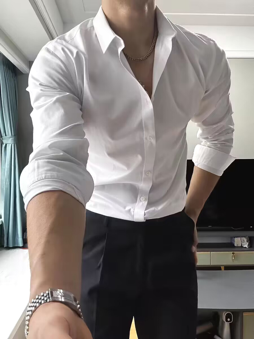 美式硬汉风白衬衫高级感修身长袖