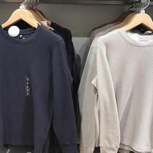 欧货纯色华夫格卫衣男下摆开叉宽松长袖工装t恤紧袖肌理感打底衫