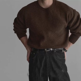 美式硬汉风包芯纱针织衫男圆领修身长袖卫衣天丝莫代尔打底羊毛衫