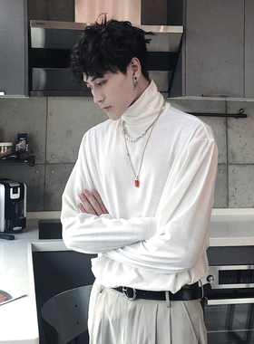 法式cityboy半高领T恤男高级感宽松长袖上衣纯色内搭叠穿打底衫