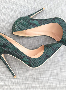 墨绿色蛇纹尖头12cm高跟鞋细跟欧美女鞋10cm小码单鞋浅口女大码
