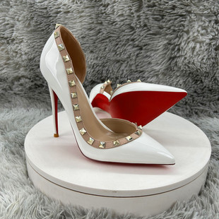 铆钉高跟鞋女2025新款侧空白色细跟12cm不累脚名媛尖头凉鞋女夏季