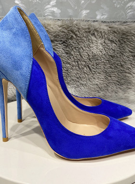 2022秋季新款蓝色绒面拼色高跟鞋12cm细跟性感尖头夜店鞋子女10cm