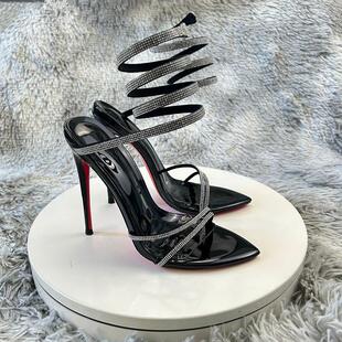 红底新款尖头高跟鞋细跟一字带外穿半拖鞋女钻带黑色百搭简约凉鞋