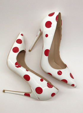 欧美新款12cm红色波点拼色高跟鞋尖头细跟10cm浅口性感女单鞋大码