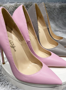 12cm粉红色办公室女士百搭尖头浅口细跟高跟鞋经典职业两用女鞋