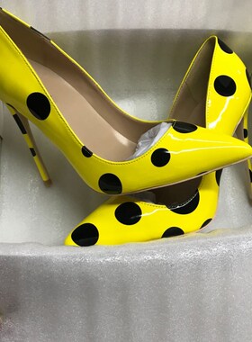 欧美新款黄色波点高跟鞋女12cm细跟尖头浅口大码单鞋10cm