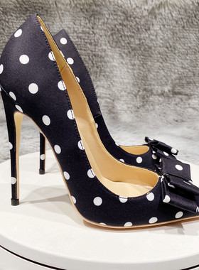 2024秋新款真丝绸缎黑色波点尖头高跟鞋12cm女细跟浅口单鞋10cm