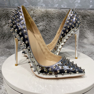 欧美新款女鞋名媛银色铆钉高跟鞋女细跟10cm性感欧美浅口柳丁单鞋