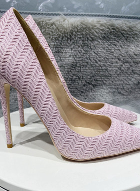 秋季新款舒适粉红色针织12cm细跟超高跟尖头浅口单鞋日常10cm女鞋