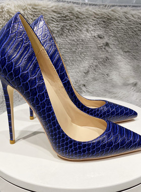 欧美新款秋季藏青蓝色蛇纹尖头高跟鞋女12cm细跟浅口单鞋百搭单鞋