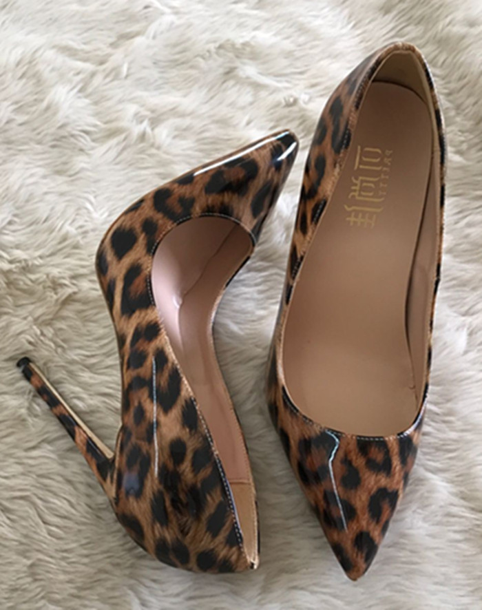 欧美时尚性感豹纹12cm高跟鞋细跟 尖头浅口漆皮跟高女鞋豹纹单