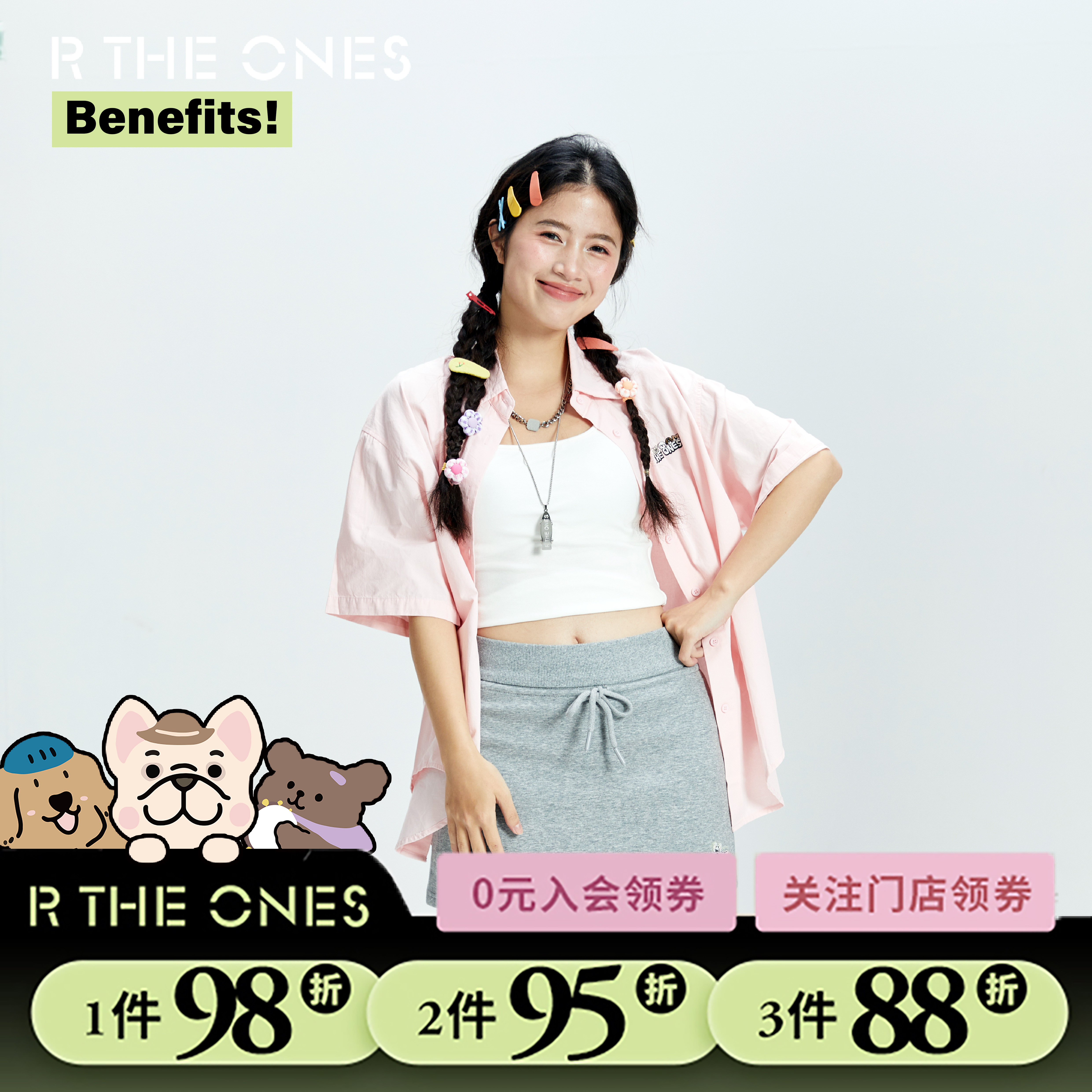 RTHEONES狗狗伙伴短袖衬衣2025春夏上衣女士百搭女生舒适学院风