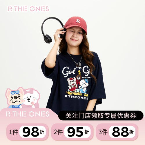 RTHEONES通背带刺绣小狗短袖t恤美式夏男女校园情侣百搭