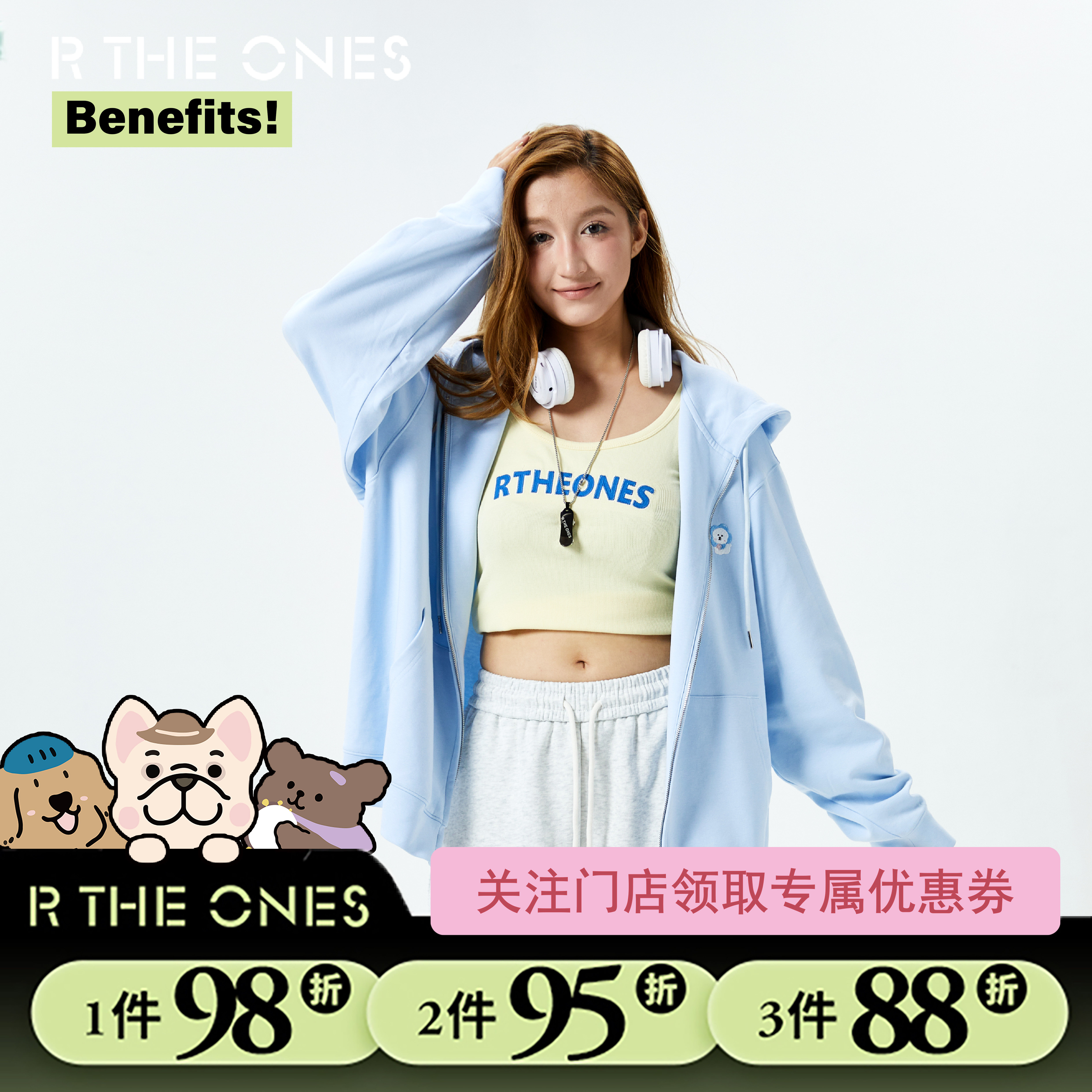 RTHEONES 新款宽松连帽卫衣外套女春秋美式拉链连帽外套休闲开衫